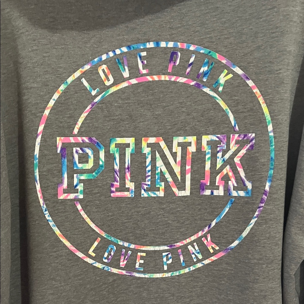 Gray Hoodie Victoria’s Secret Pink XL pullover sweatshirt tie dye love pink flaw - Picture 4 of 6